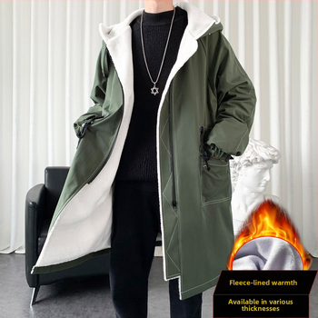 Parka s kapucňou v korejskom štýle, fleece podšívkou, opasok v páse a zipsovým uzáverom, stredná dĺžka