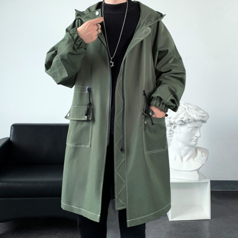 Parka s kapucňou v korejskom štýle, fleece podšívkou, opasok v páse a zipsovým uzáverom, stredná dĺžka