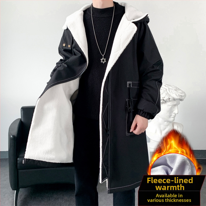 Parka s kapucňou v korejskom štýle, fleece podšívkou, opasok v páse a zipsovým uzáverom, stredná dĺžka