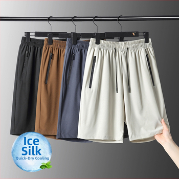 Pánske letné šortky s automatikou na zips, ice silk polyester, rovný strih, dĺžka piatich bodov