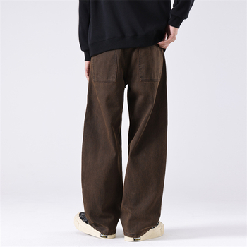 Pantaloni casual bărbați drepti, talie înaltă, fermoar, bumbac, stil scimitar