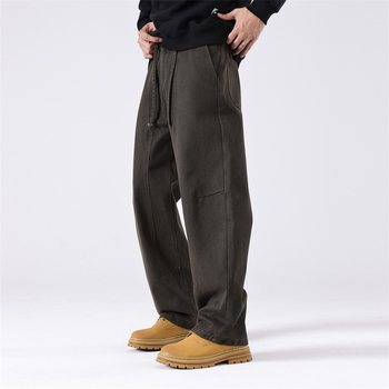 Pantaloni casual bărbați drepti, talie înaltă, fermoar, bumbac, stil scimitar