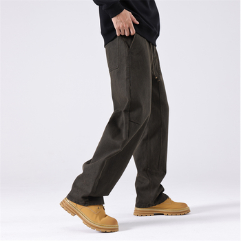 Pantaloni casual bărbați drepti, talie înaltă, fermoar, bumbac, stil scimitar
