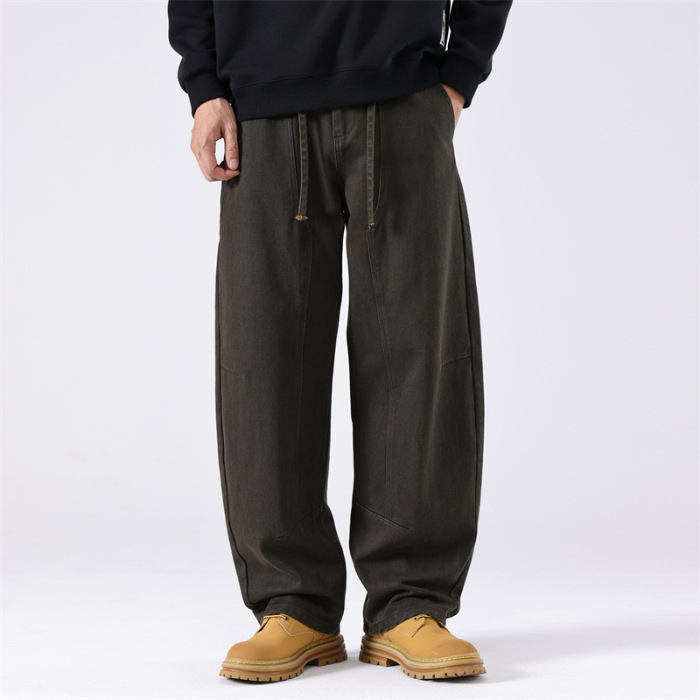 Pantaloni casual bărbați drepti, talie înaltă, fermoar, bumbac, stil scimitar