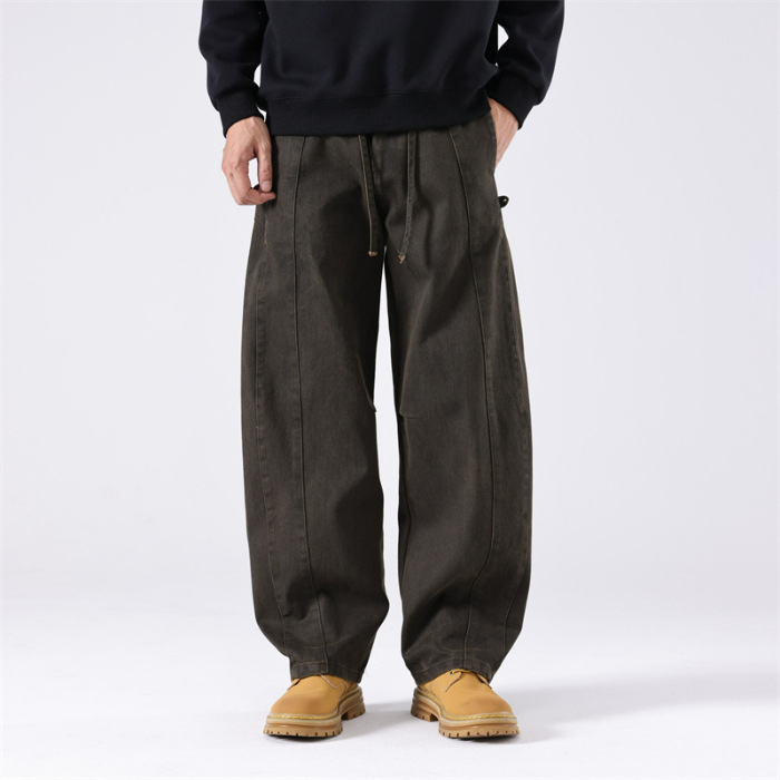 Pantaloni casual bărbați drepti, talie înaltă, fermoar, bumbac, stil scimitar