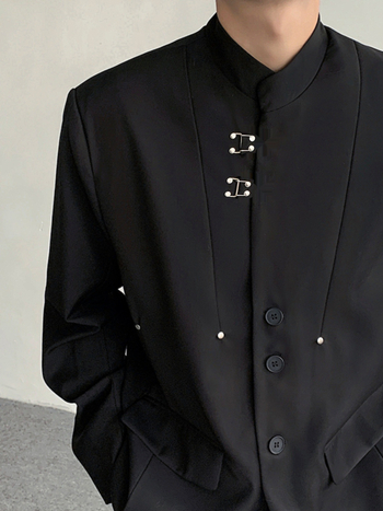 Pánske voľnočasové sako – stojaci golier, zapínanie na dve patky, 100% polyester, bez žehlenia, jar/jeseň, dlhý rukáv, 3D kapsy