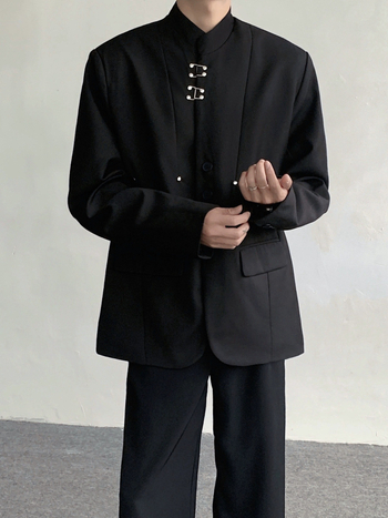 Pánske voľnočasové sako – stojaci golier, zapínanie na dve patky, 100% polyester, bez žehlenia, jar/jeseň, dlhý rukáv, 3D kapsy