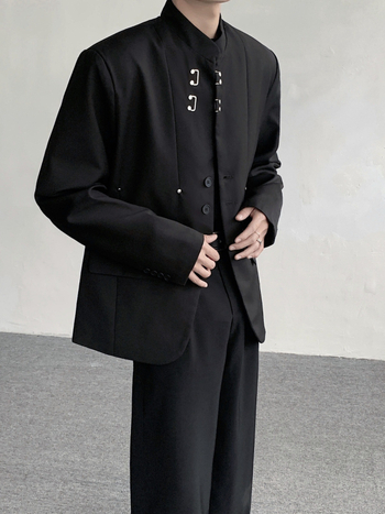 Pánske voľnočasové sako – stojaci golier, zapínanie na dve patky, 100% polyester, bez žehlenia, jar/jeseň, dlhý rukáv, 3D kapsy