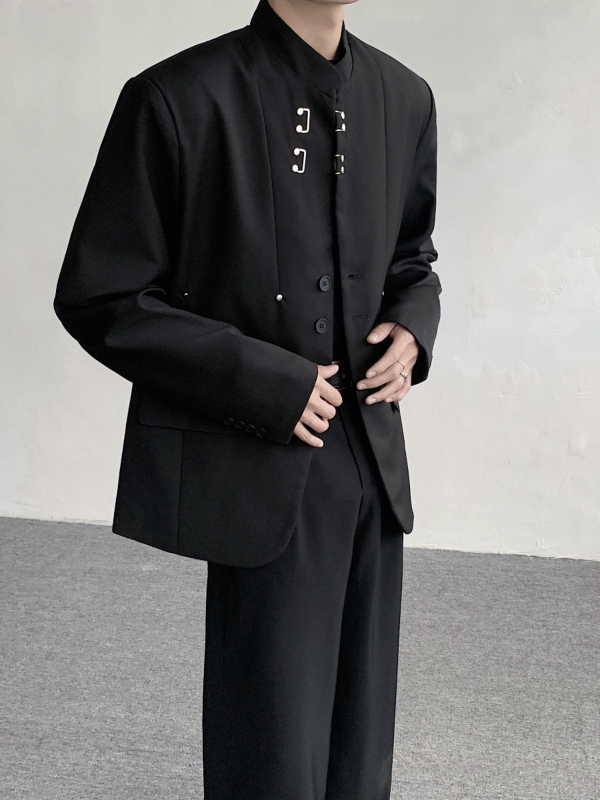 Pánske voľnočasové sako – stojaci golier, zapínanie na dve patky, 100% polyester, bez žehlenia, jar/jeseň, dlhý rukáv, 3D kapsy