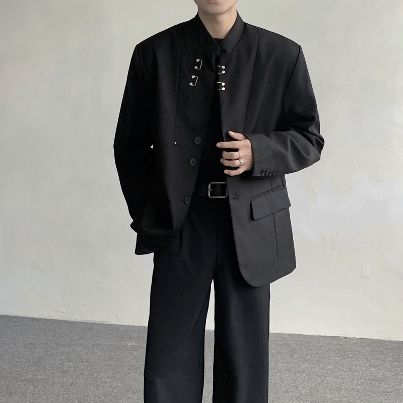 Pánske voľnočasové sako – stojaci golier, zapínanie na dve patky, 100% polyester, bez žehlenia, jar/jeseň, dlhý rukáv, 3D kapsy