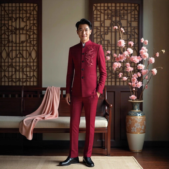Zhongshan štýl s drakím vzorom, slim-fit pánske sako a nohavice s jacquardovou výšivkou, 70% acetátová zmes