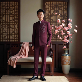 Zhongshan štýl s drakím vzorom, slim-fit pánske sako a nohavice s jacquardovou výšivkou, 70% acetátová zmes