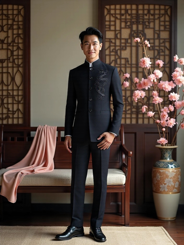 Zhongshan štýl s drakím vzorom, slim-fit pánske sako a nohavice s jacquardovou výšivkou, 70% acetátová zmes