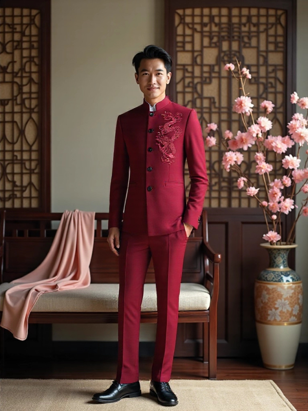 Zhongshan štýl s drakím vzorom, slim-fit pánske sako a nohavice s jacquardovou výšivkou, 70% acetátová zmes