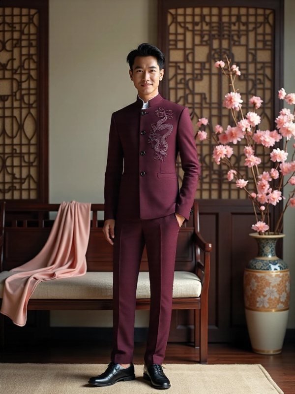 Zhongshan štýl s drakím vzorom, slim-fit pánske sako a nohavice s jacquardovou výšivkou, 70% acetátová zmes