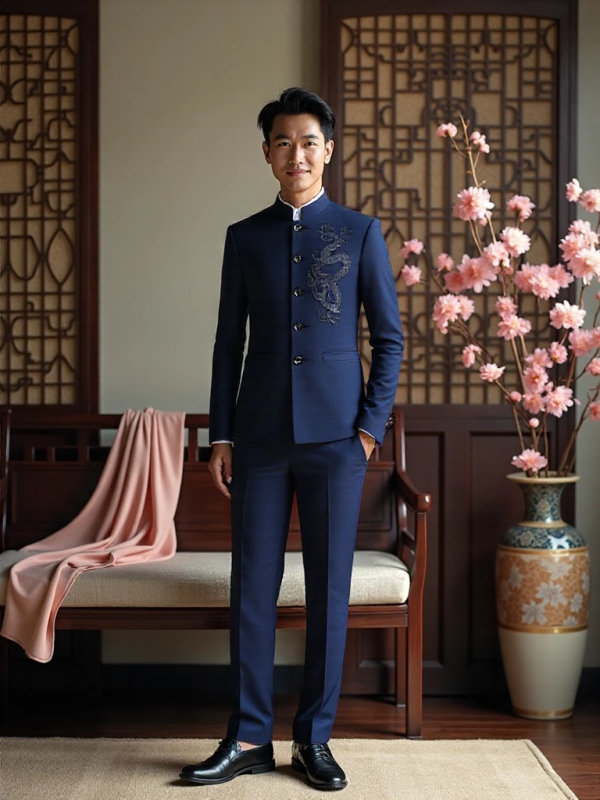 Zhongshan štýl s drakím vzorom, slim-fit pánske sako a nohavice s jacquardovou výšivkou, 70% acetátová zmes