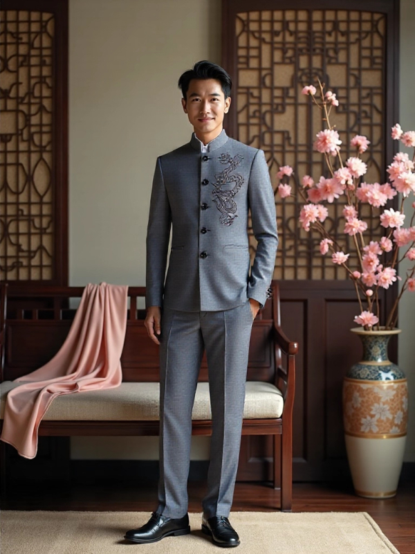 Zhongshan štýl s drakím vzorom, slim-fit pánske sako a nohavice s jacquardovou výšivkou, 70% acetátová zmes