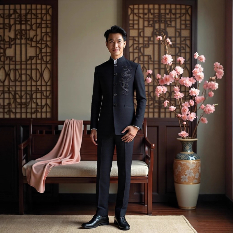 Zhongshan štýl s drakím vzorom, slim-fit pánske sako a nohavice s jacquardovou výšivkou, 70% acetátová zmes