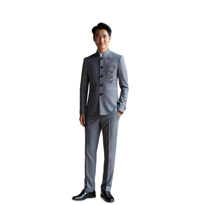 Zhongshan štýl s drakím vzorom, slim-fit pánske sako a nohavice s jacquardovou výšivkou, 70% acetátová zmes