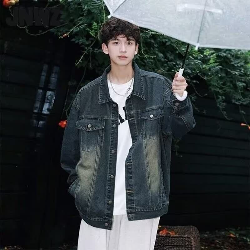 Férfi dzseki japán stílusban, slim fit, Turn-down gallér, egyréses záródás, hosszú ujjú, poliészter anyag