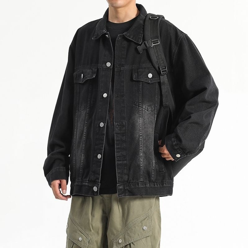 Férfi dzseki japán stílusban, slim fit, Turn-down gallér, egyréses záródás, hosszú ujjú, poliészter anyag