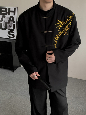 Férfi esküvői öltöny kínai stílusban, bambusz hímzéssel, álló gallér, laza szabás, háromgombos, poliészter alapú keverék