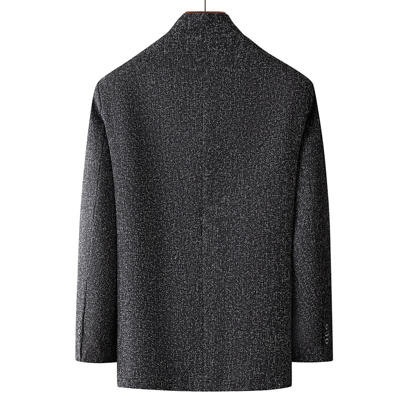 Pánske casual oblek so stojacim golierom, kockovaný vzor, jednoredové tri gombíky, rovný strih, polyestrová zmes, dlhé rukávy, jarno-jesenná sezóna