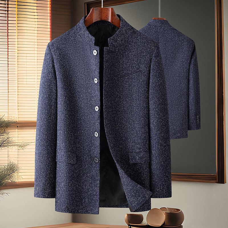 Pánske casual oblek so stojacim golierom, kockovaný vzor, jednoredové tri gombíky, rovný strih, polyestrová zmes, dlhé rukávy, jarno-jesenná sezóna