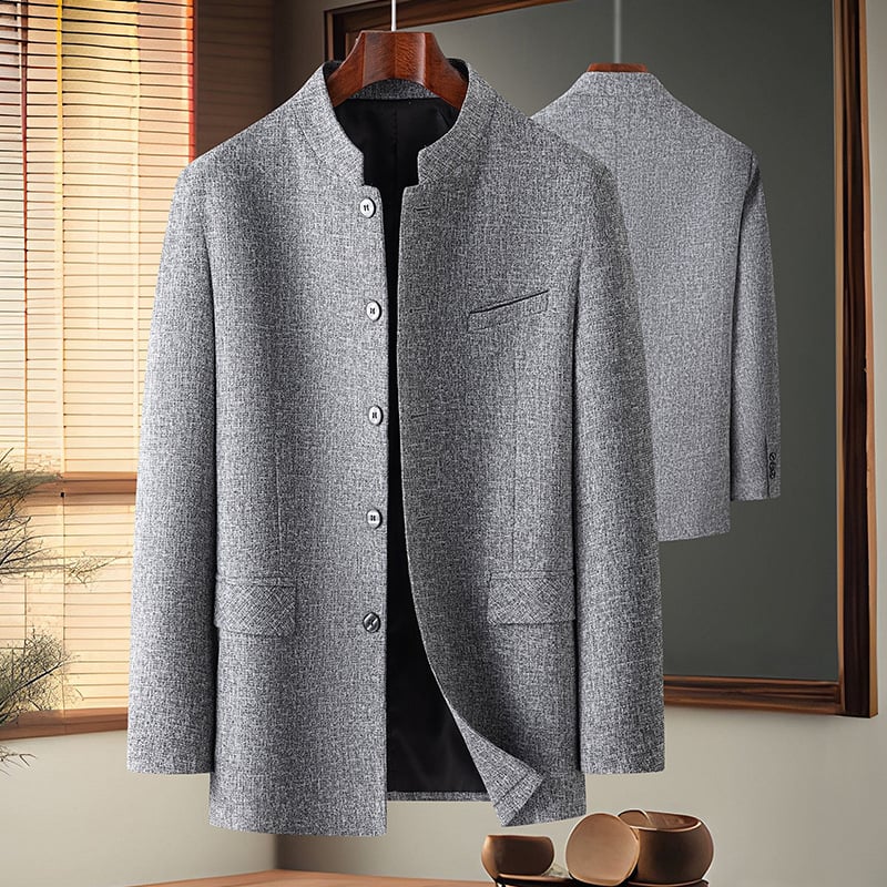 Pánske casual oblek so stojacim golierom, kockovaný vzor, jednoredové tri gombíky, rovný strih, polyestrová zmes, dlhé rukávy, jarno-jesenná sezóna