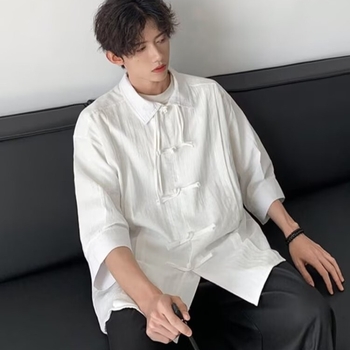 Pánska košeľa v Tang štýle, krátke rukávy, golier turn-down, voľný strih, látka 85% polyesterová zmes, jar–jeseň