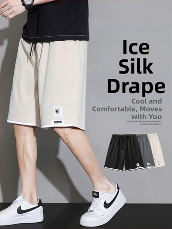 Pánske šortky Ice Silk - 100% polyester, Päťbodová dĺžka, rovný strih, kórejský štýl, leto 2024