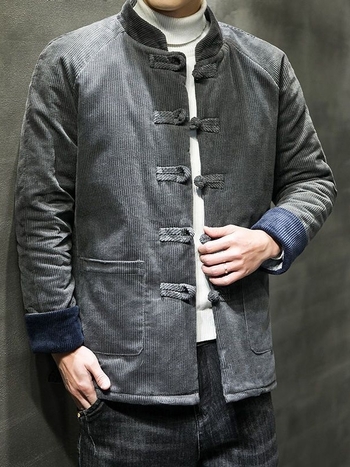 Tang štýlu pánska corduroy bunda s kožušinkou zaja, ošetrená proti pokrčeniu, čínske štýl, zimná 2024
