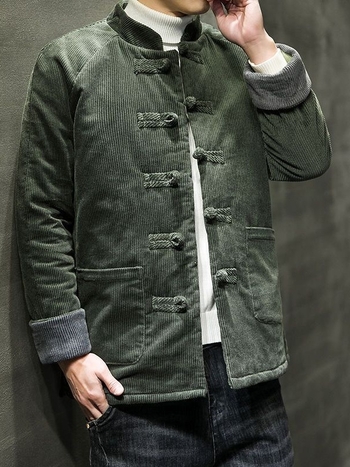 Tang štýlu pánska corduroy bunda s kožušinkou zaja, ošetrená proti pokrčeniu, čínske štýl, zimná 2024