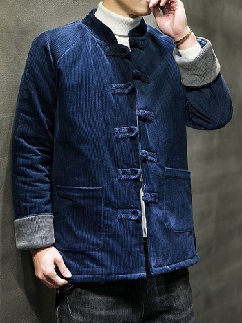 Tang štýlu pánska corduroy bunda s kožušinkou zaja, ošetrená proti pokrčeniu, čínske štýl, zimná 2024