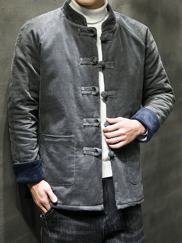 Tang štýlu pánska corduroy bunda s kožušinkou zaja, ošetrená proti pokrčeniu, čínske štýl, zimná 2024