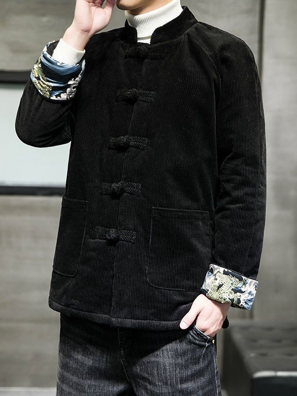Tang štýlu pánska corduroy bunda s kožušinkou zaja, ošetrená proti pokrčeniu, čínske štýl, zimná 2024