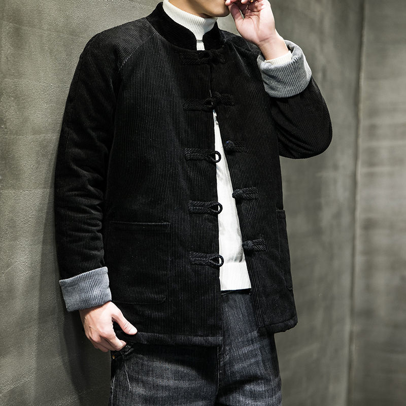 Tang štýlu pánska corduroy bunda s kožušinkou zaja, ošetrená proti pokrčeniu, čínske štýl, zimná 2024