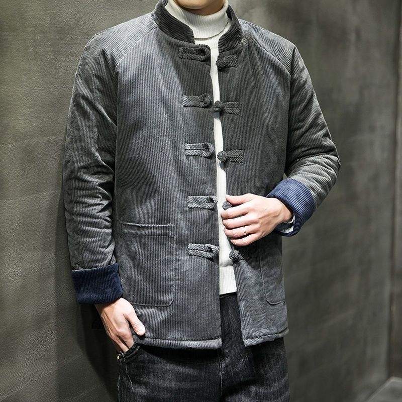 Tang štýlu pánska corduroy bunda s kožušinkou zaja, ošetrená proti pokrčeniu, čínske štýl, zimná 2024