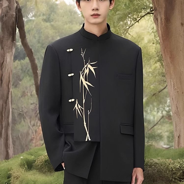 Férfi Zhongshan öltöny kínai stílusban, álló gallér, elöl három gomb, karcsú szabás, poliészter rostok keveréke