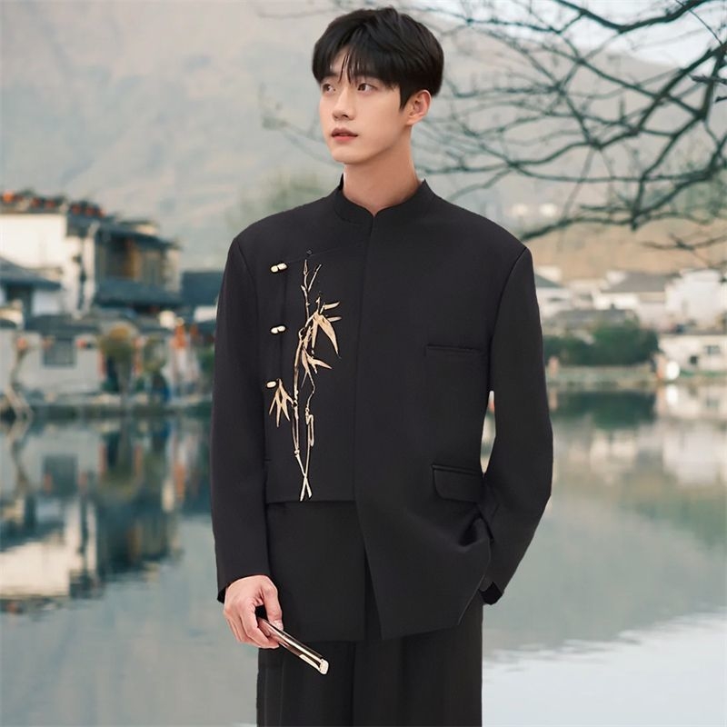 Férfi Zhongshan öltöny kínai stílusban, álló gallér, elöl három gomb, karcsú szabás, poliészter rostok keveréke