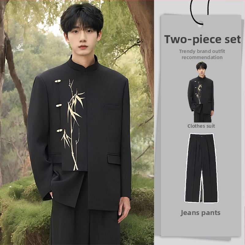 Férfi Zhongshan öltöny kínai stílusban, álló gallér, elöl három gomb, karcsú szabás, poliészter rostok keveréke