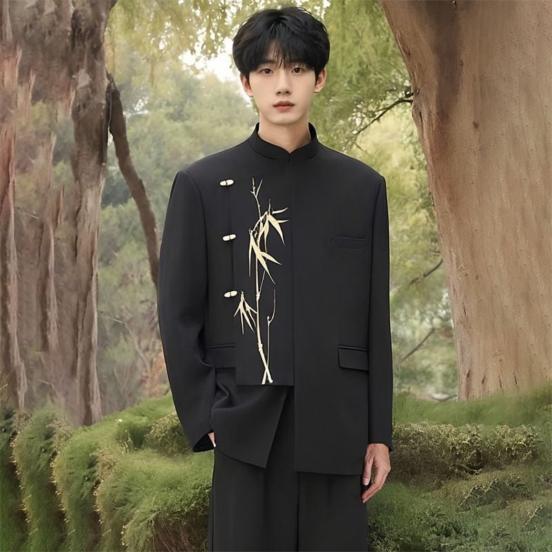 Férfi Zhongshan öltöny kínai stílusban, álló gallér, elöl három gomb, karcsú szabás, poliészter rostok keveréke