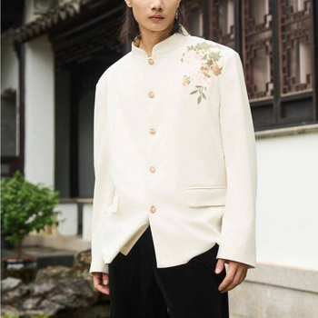 Pánske casual sako v čínsskom štýle s kvetinovou výšivkou a stojacim golierom, bavlneno-polyesterový materiál, jednofarebné zapínanie, Hongkong štýl