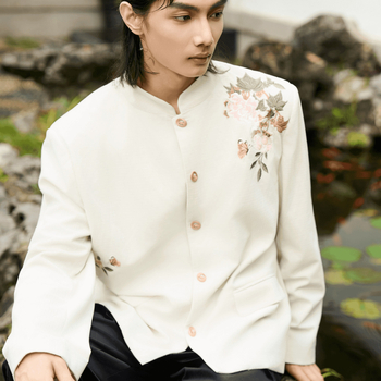 Pánske casual sako v čínsskom štýle s kvetinovou výšivkou a stojacim golierom, bavlneno-polyesterový materiál, jednofarebné zapínanie, Hongkong štýl