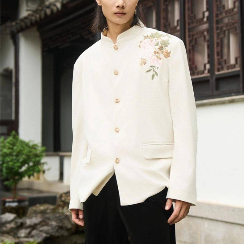 Pánske casual sako v čínsskom štýle s kvetinovou výšivkou a stojacim golierom, bavlneno-polyesterový materiál, jednofarebné zapínanie, Hongkong štýl