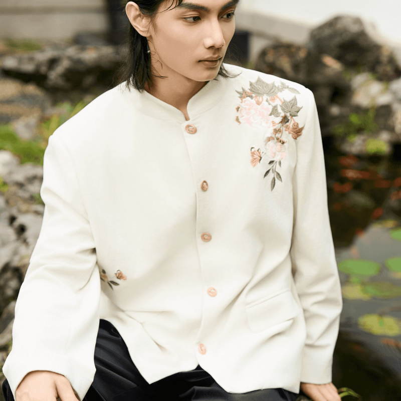 Pánske casual sako v čínsskom štýle s kvetinovou výšivkou a stojacim golierom, bavlneno-polyesterový materiál, jednofarebné zapínanie, Hongkong štýl
