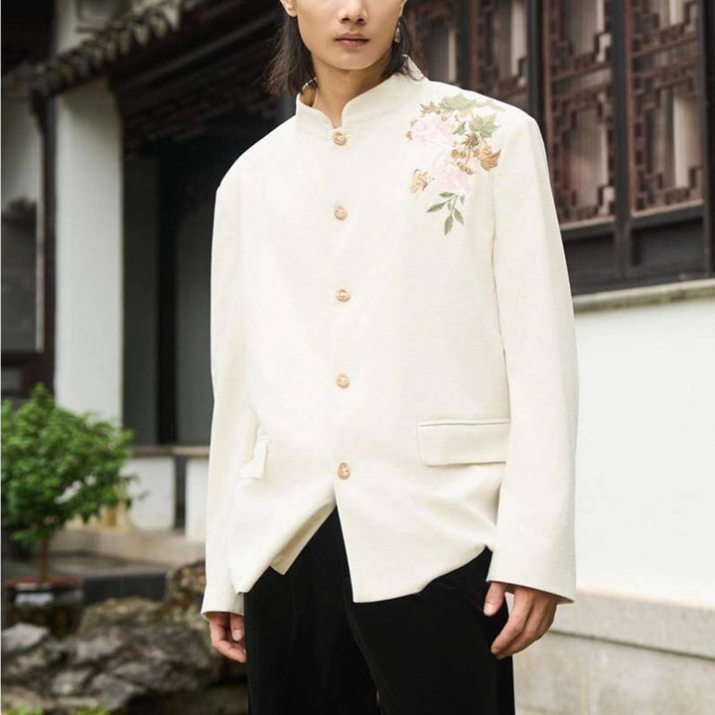 Pánske casual sako v čínsskom štýle s kvetinovou výšivkou a stojacim golierom, bavlneno-polyesterový materiál, jednofarebné zapínanie, Hongkong štýl