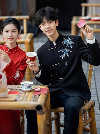 Kínai stílusú Tang öltöny vőlegénynek, hímzett, karcsúsított szabás, álló gallér, bankett öltöny, 2025 tavasz, poliészter-keverék