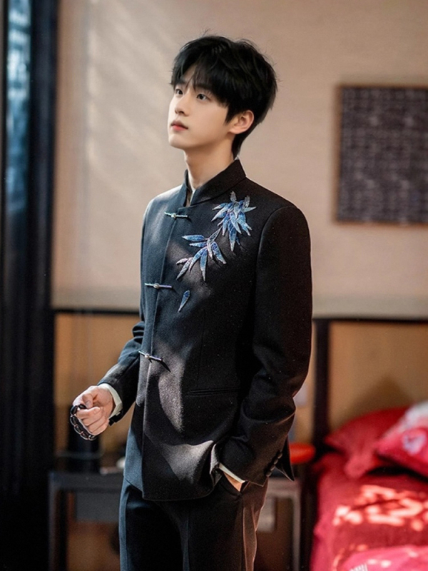 Kínai stílusú Tang öltöny vőlegénynek, hímzett, karcsúsított szabás, álló gallér, bankett öltöny, 2025 tavasz, poliészter-keverék