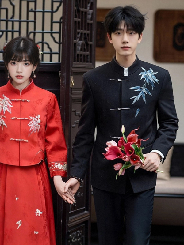 Kínai stílusú Tang öltöny vőlegénynek, hímzett, karcsúsított szabás, álló gallér, bankett öltöny, 2025 tavasz, poliészter-keverék
